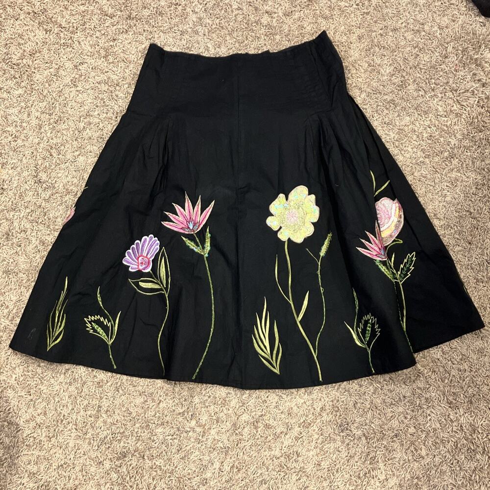 Women's Black Floral Embroidered A-Line Midi Skirt Colorful Flower Design
